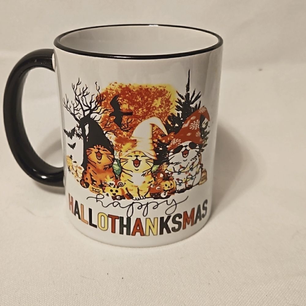 11 oz coffee mug, Hallothanksmas cats
